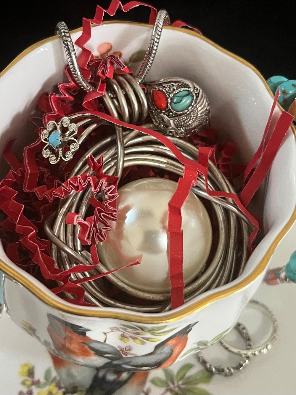 Cottagecore Artisan Bird’s Nest Pearl Necklace Teacup Turquoise Ring Set - Picture 2 of 10